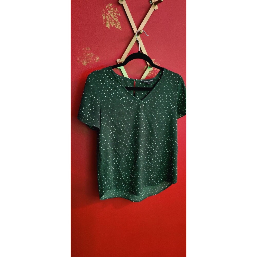Dark Green Top with Off White Dots. Light Weight Polyester Material. Size Small